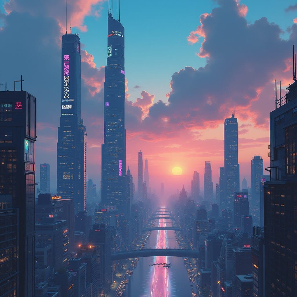 Futuristic Cityscape at Dawn in Cinematic Style