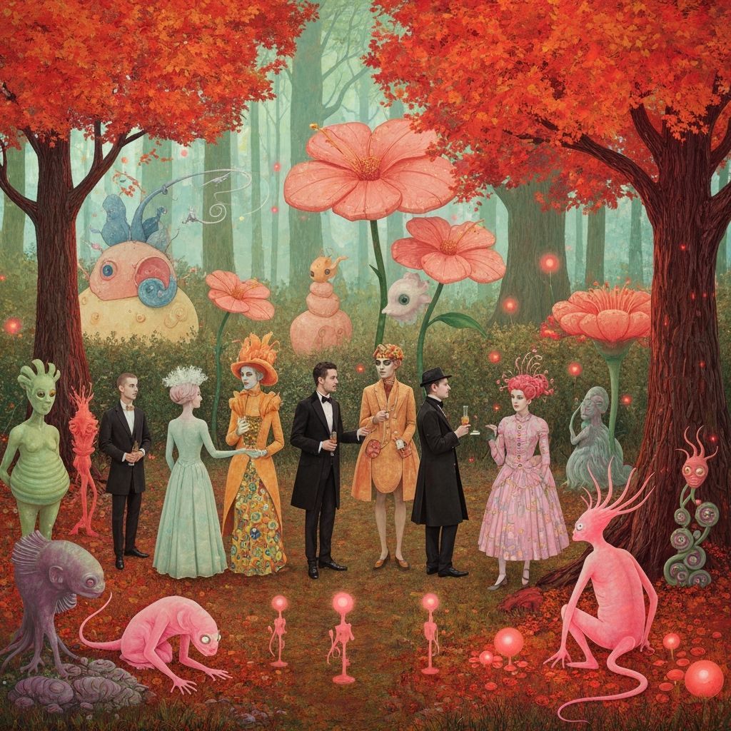 Surreal Garden Party with Bioluminescent Flora and Dreamlike...