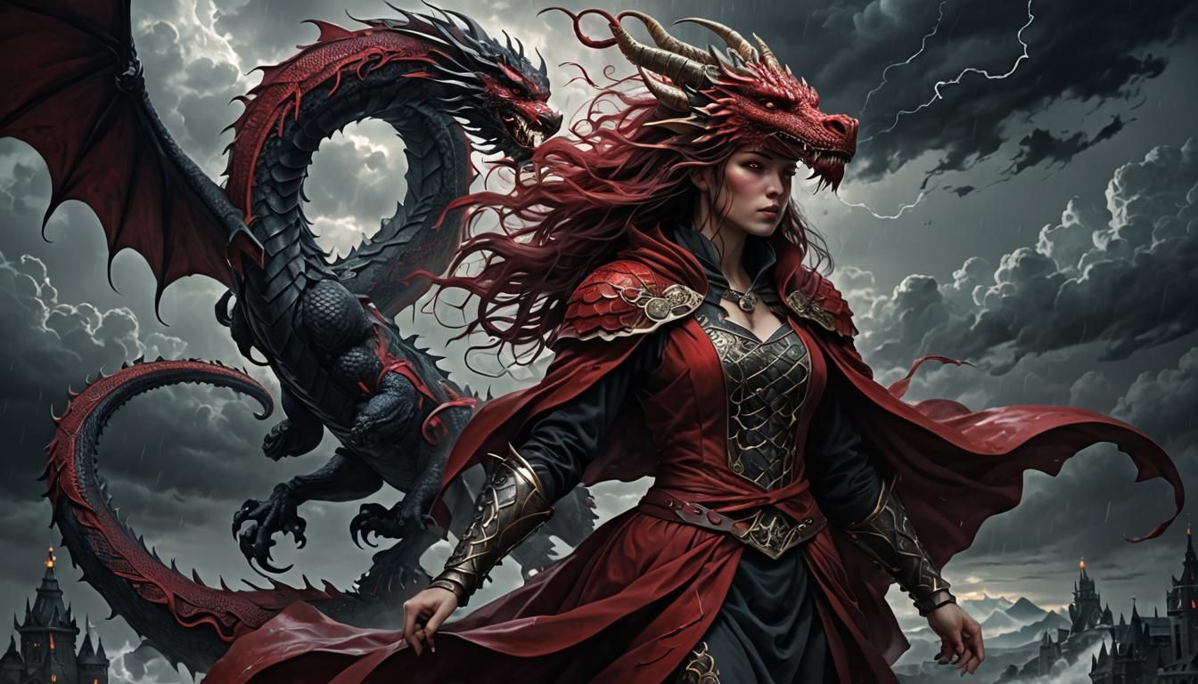 Girl on Fafnir Dragon Soaring Through Stormy Skies