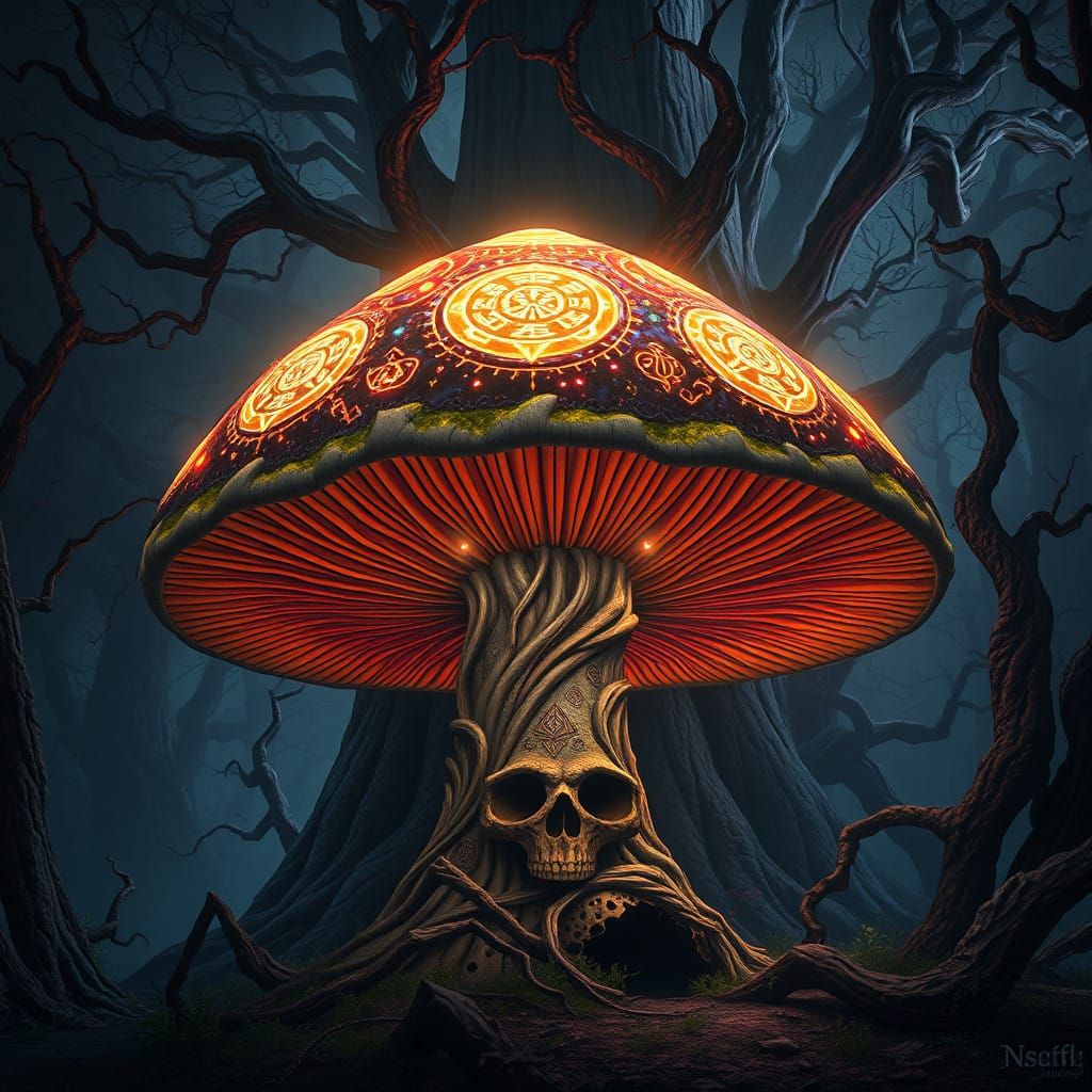 Colossal Mushroom Rises in Dark Fantasy Landscape