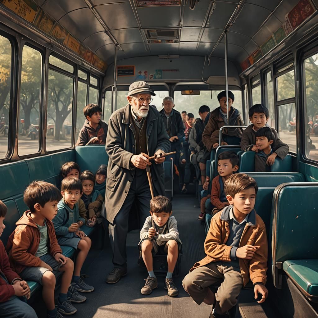 Detailed Matte Painting of Old Man on Bus