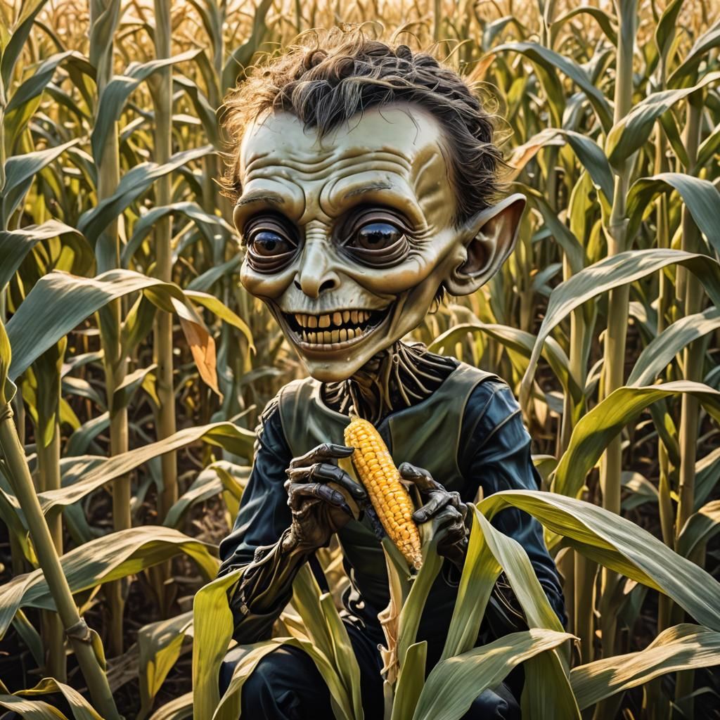 Alien Eats Corn in Golden Hour Digital Art