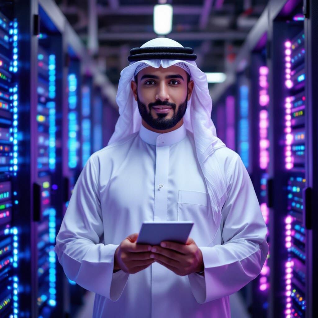 Saudi Engineer in High-Tech Server Room