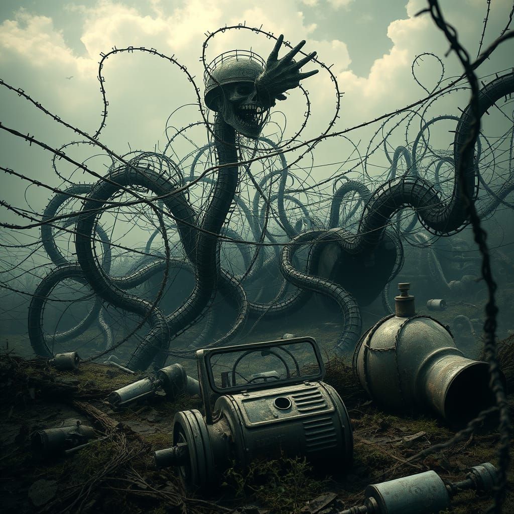 Surreal Barbed Wire Landscape in Doré-Rutkowski Style