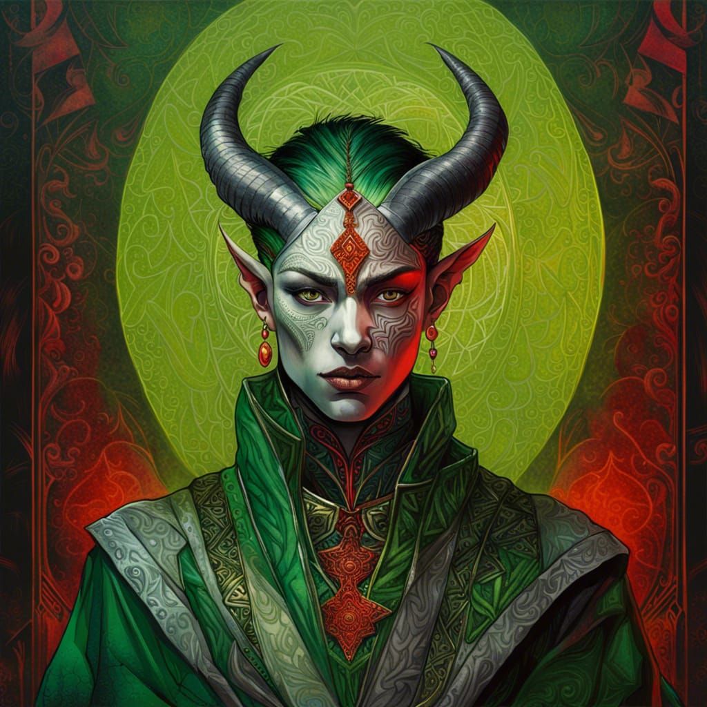 Ornate Portrait of a Tiefling Priest in Fantasy Style