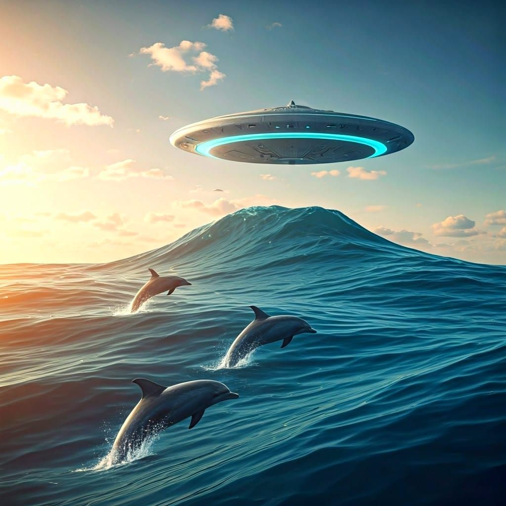Sleek White Spaceship Hovers Above Calm Blue Ocean with Leap...