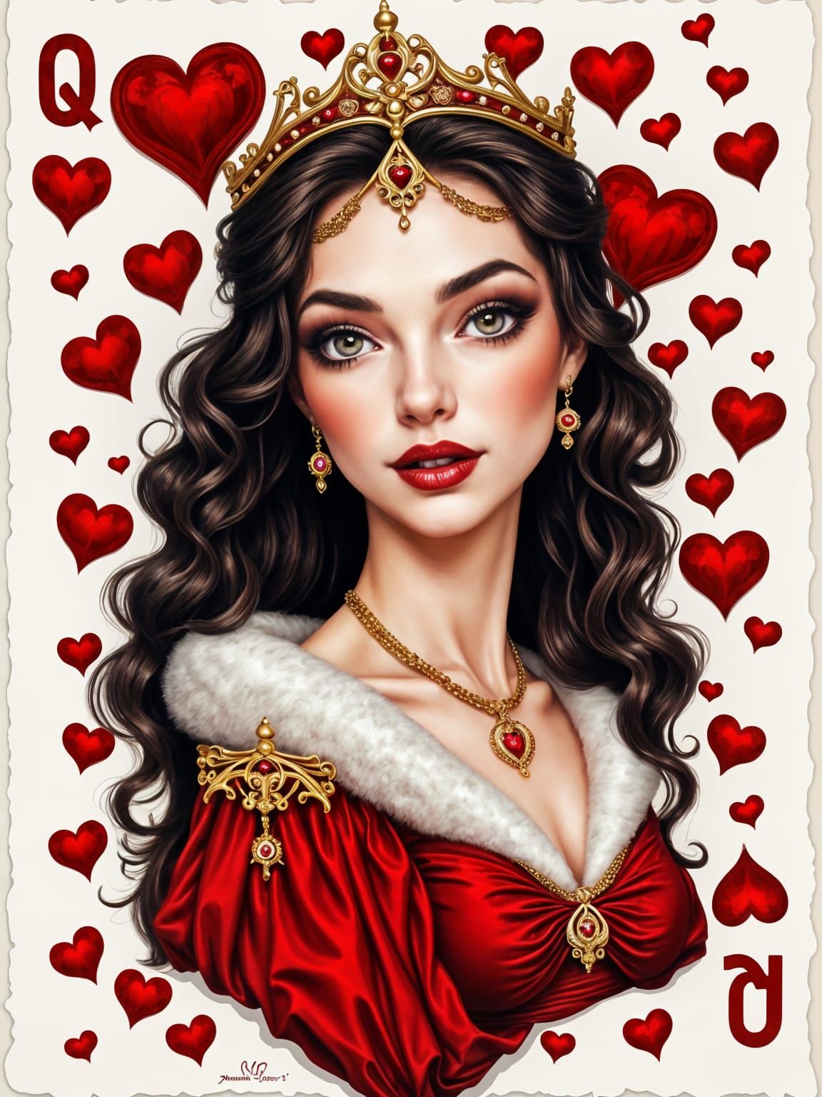 Queen of Hearts Playing Card with Hearts Galore