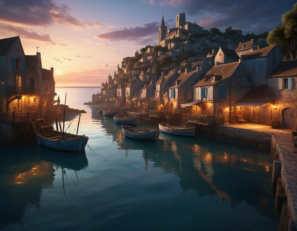 Picturesque Mediterranean Fishing Village at Magic Hour