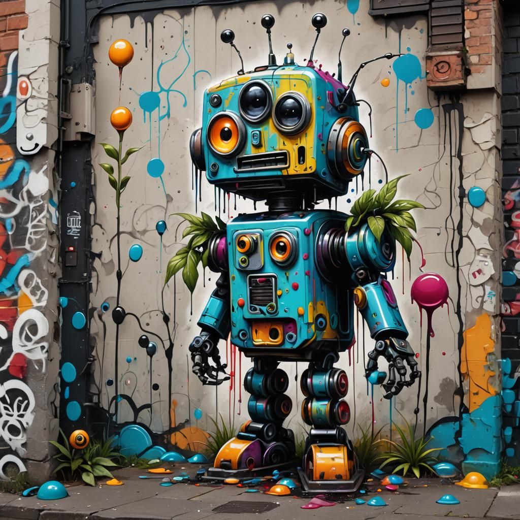 Windup Robot Graffiti Art with Googly Eyes