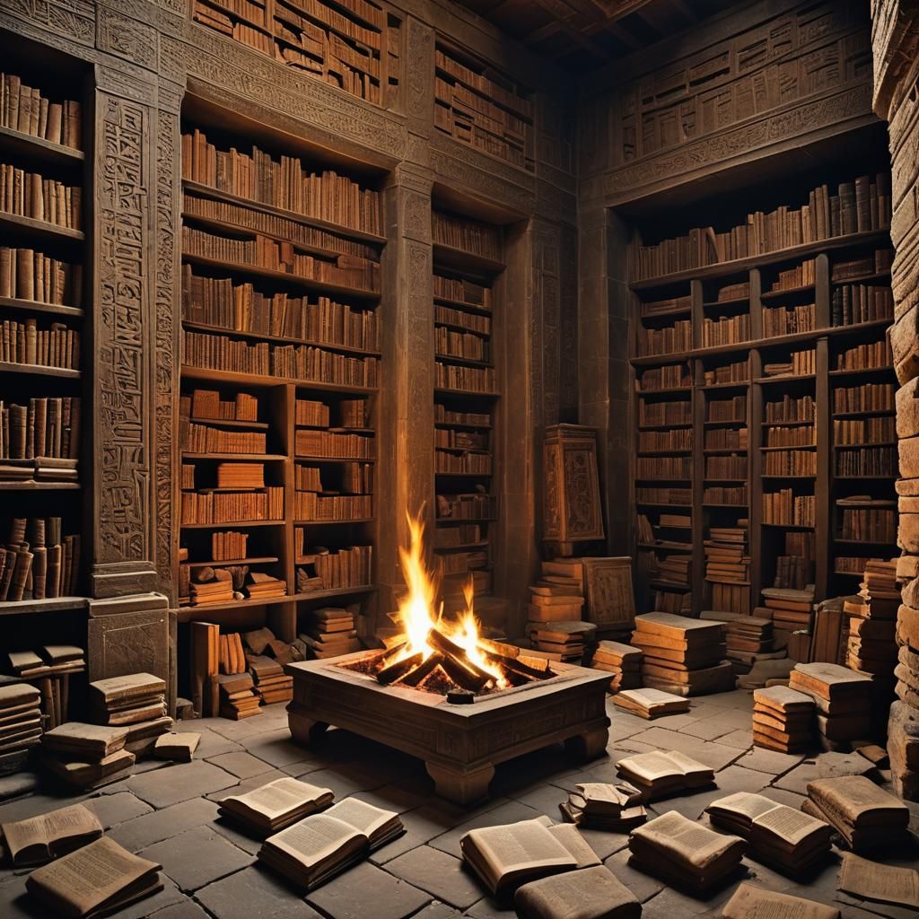 Ancient Library of Ashurbanipal with Firelight Glow