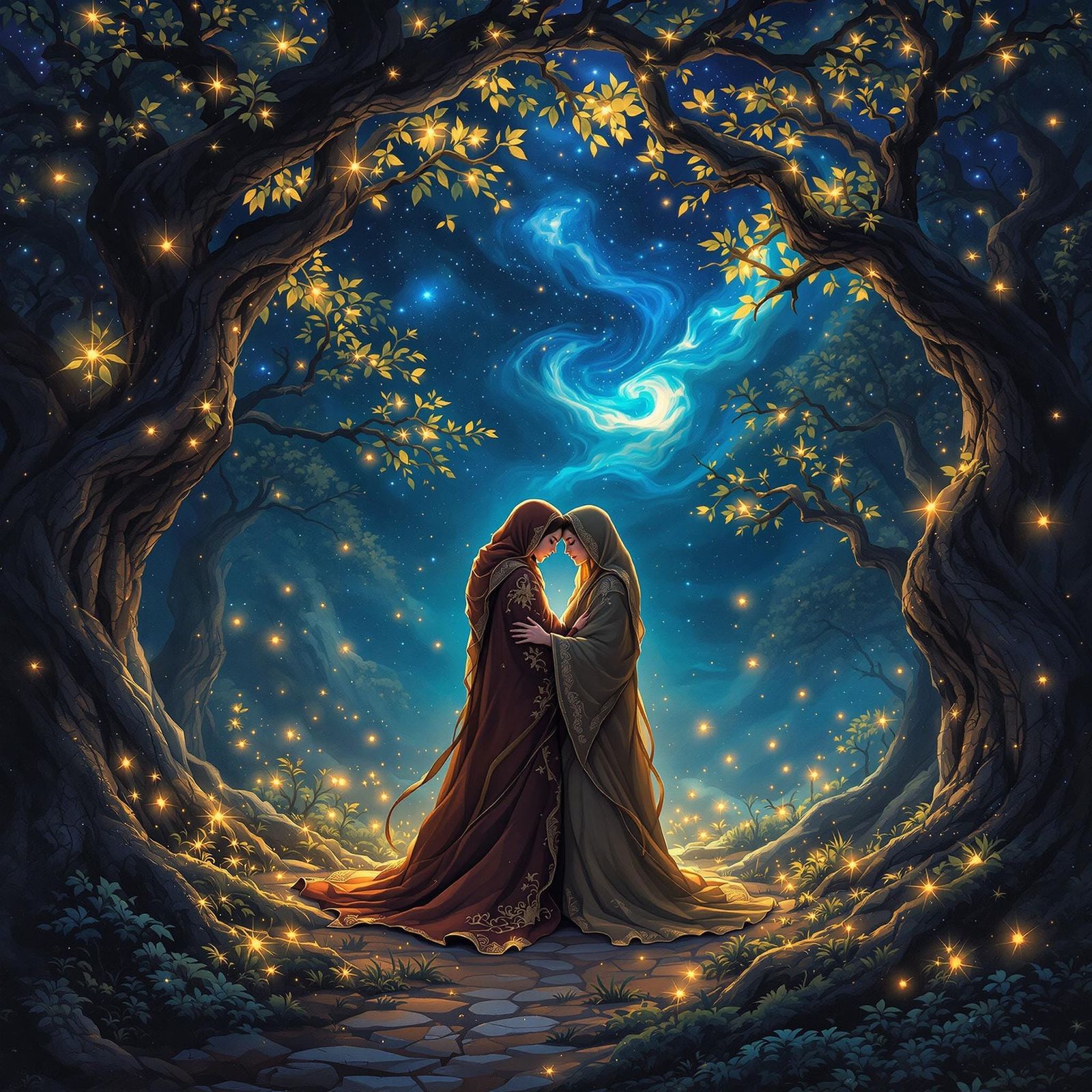 Mystical Forest Embrace Under Starry Sky