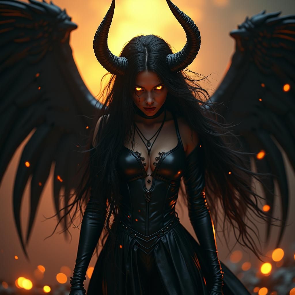 Beautiful angel demon hybrid woman.Glowing Fiery amber eyes....