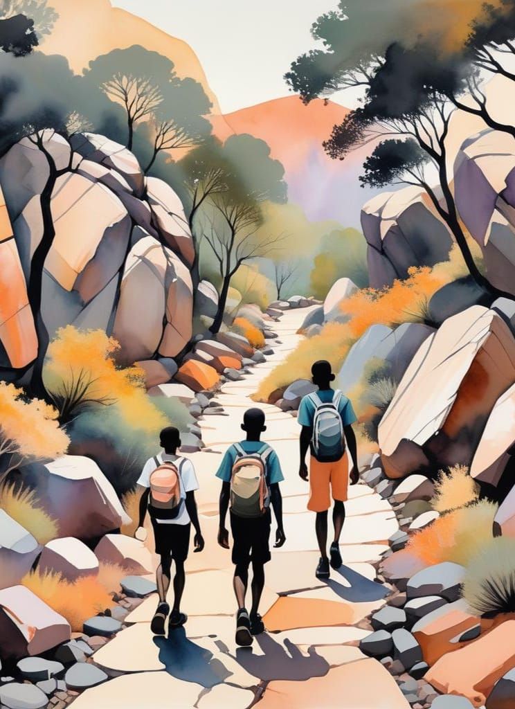 African Boys Walking Home: Abstract Impressionist Art