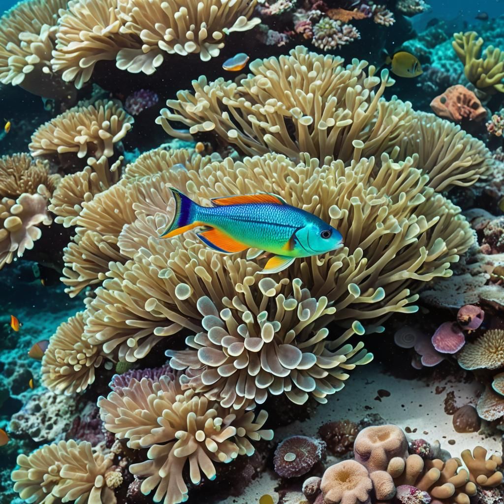 Iridescent Rainbow Fish on Great Barrier Reef, Anime Style