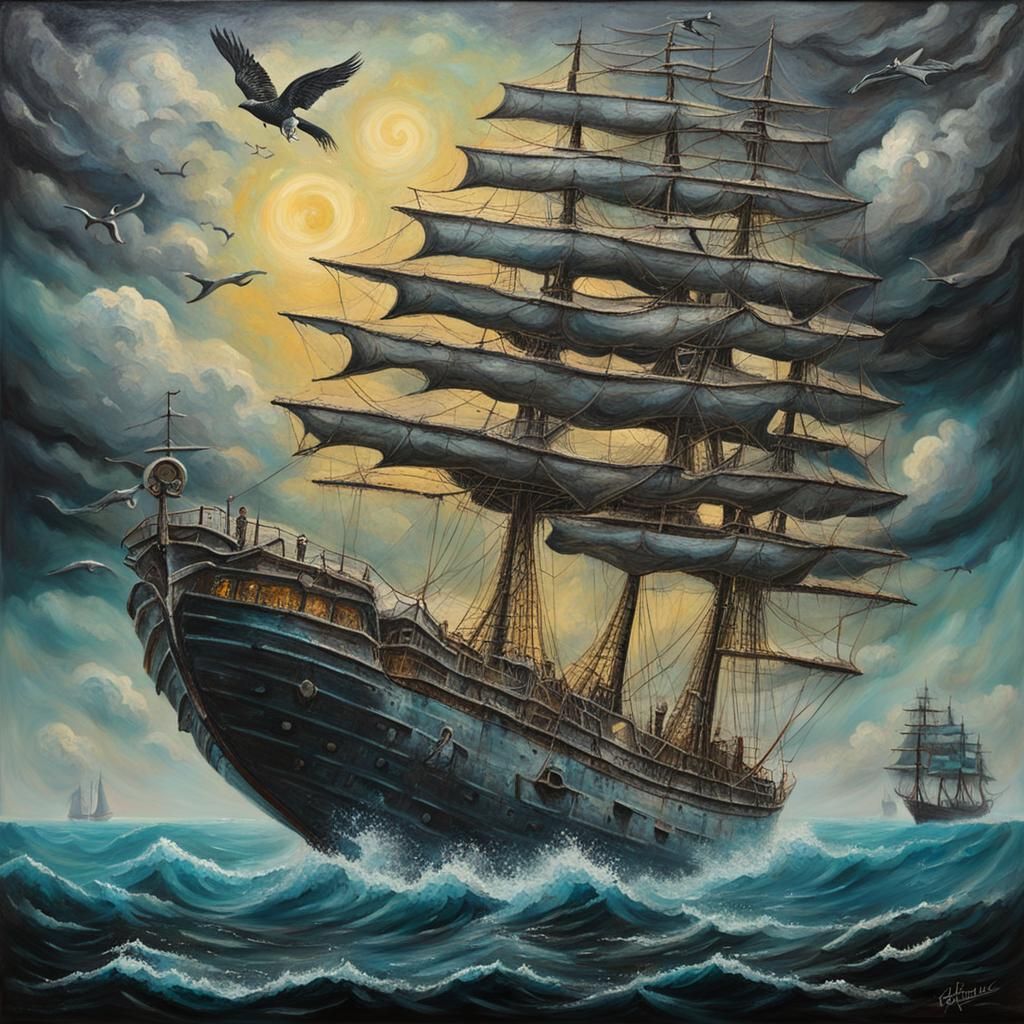 Flying Sailing Ship as Concrete Canvas Art