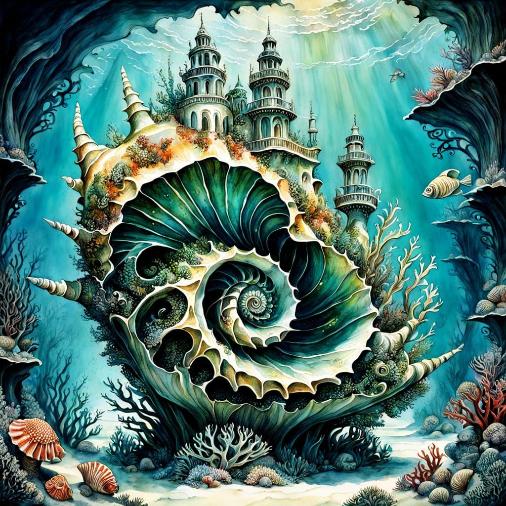 Surreal Conch Made of Coral in Watercolor Style