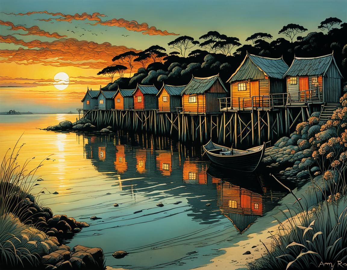 Sunset Bay Fishing Huts: Detailed Fantasy Illustration