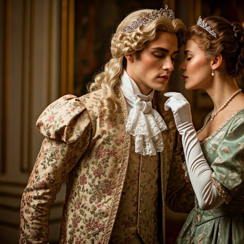 Regency-Era Gentleman in Exquisite Filigree Gown, Blonde Wig...