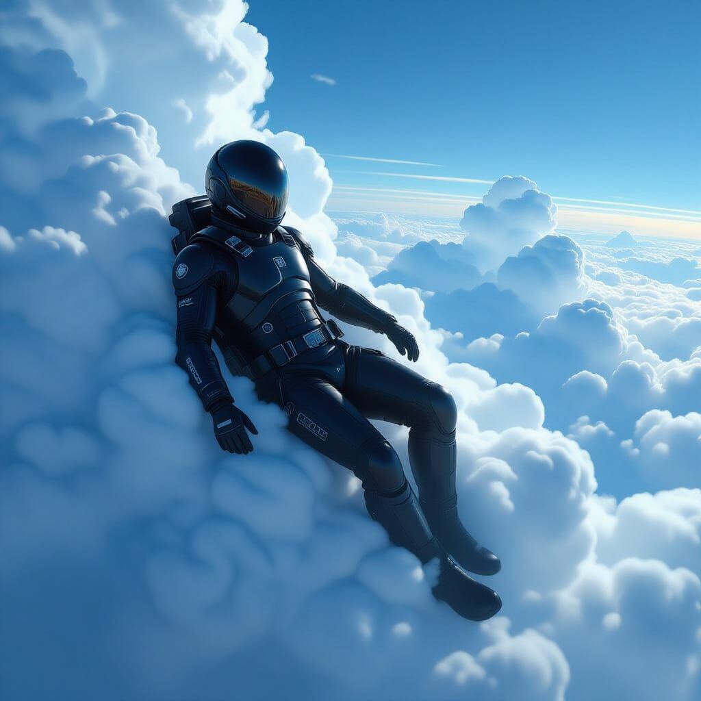 Lone Figure Soars Through Stratos in Futuristic Flight Suit