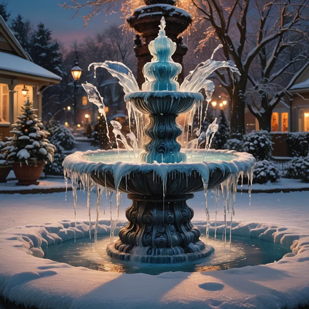 Frozen Fountain in Icy Garden at Twilight