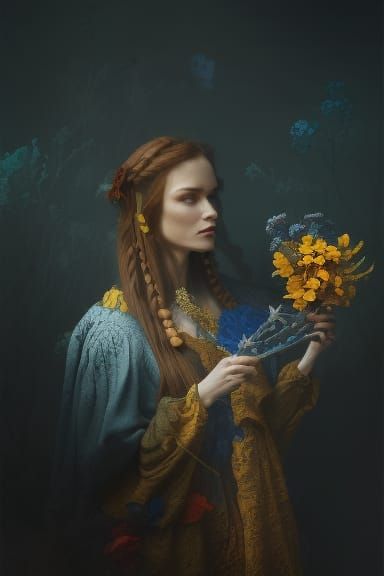 Medieval Woman in Viking Clothing Holding Flowers