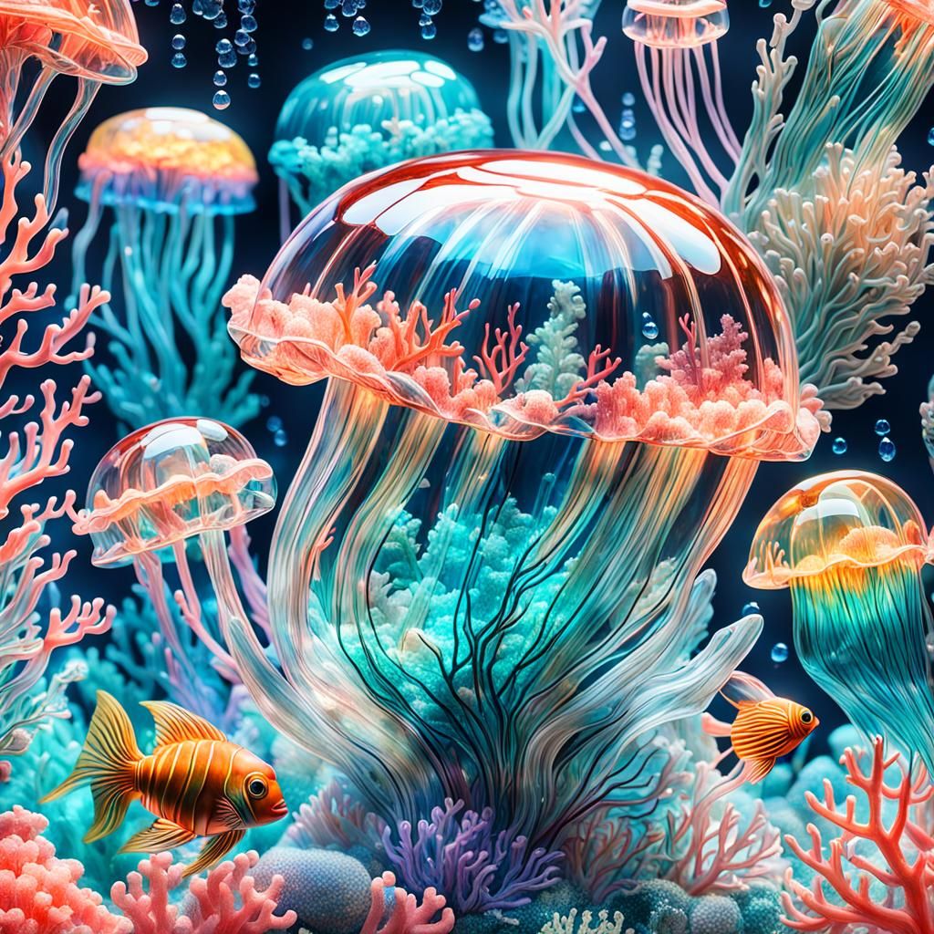 Coral Reef Inside Glass Jellyfish Sculpture