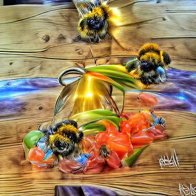 Bumble Bees Swarming Shiny Honey in Hyperrealism