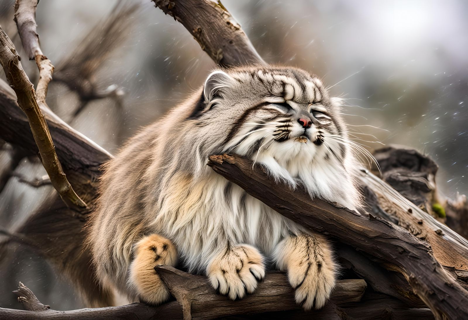 Pallas's cat sleeping a branch