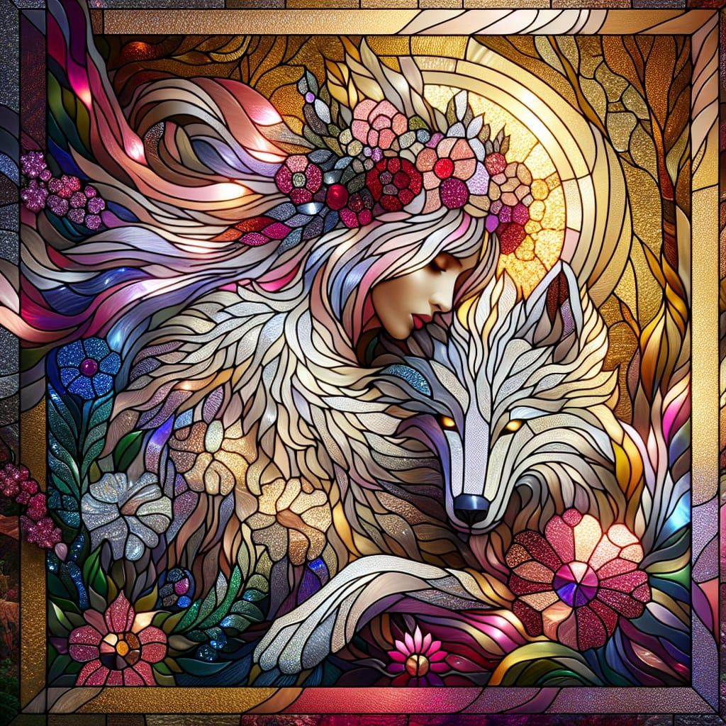 Crystalline Princess and Wolf Portrait in Flower Forest