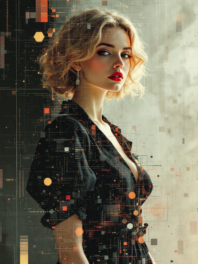 Pin-Up Woman with Glitch Art and Fractal Math Overlay