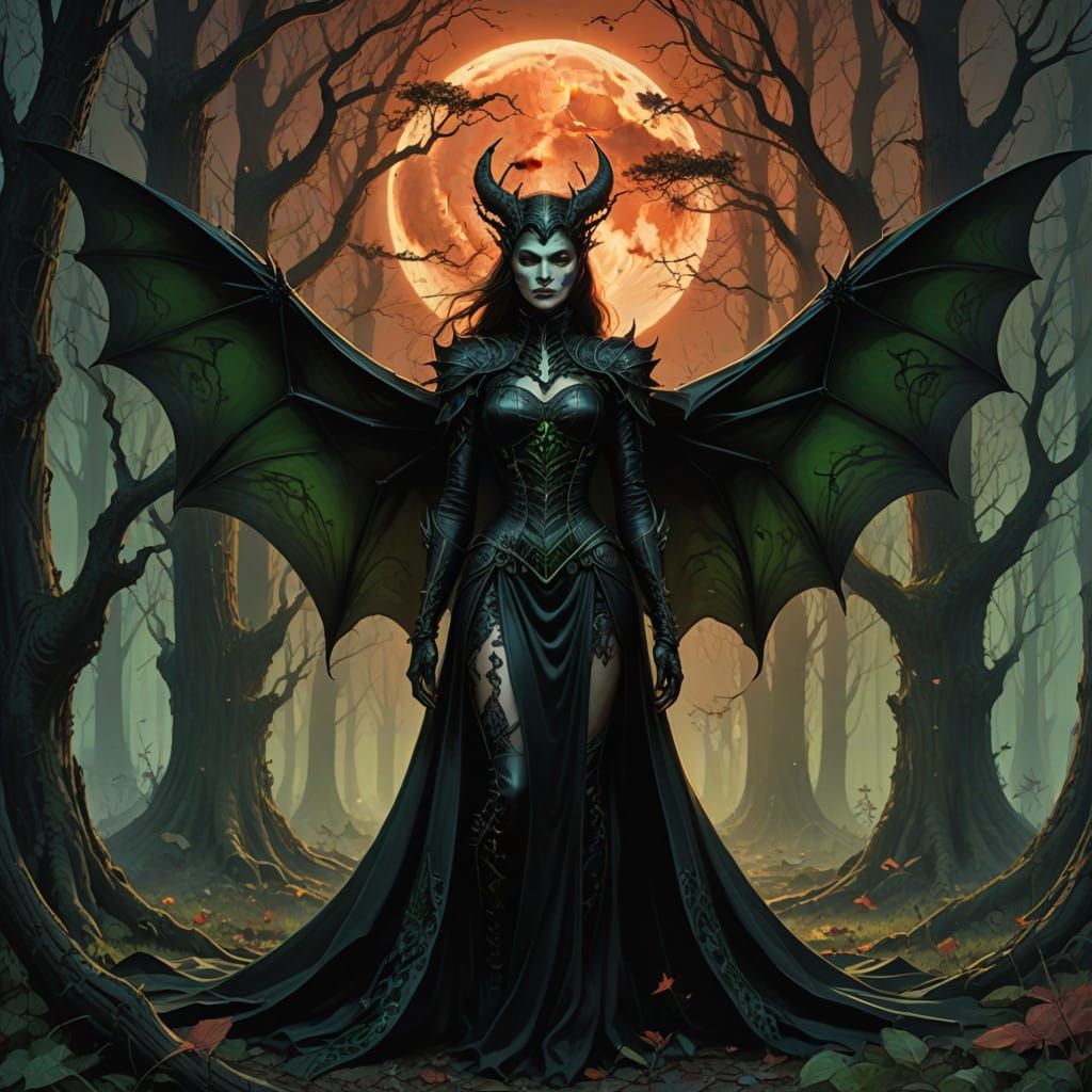 Mystical Vampire Goddess in Moonlit Forest