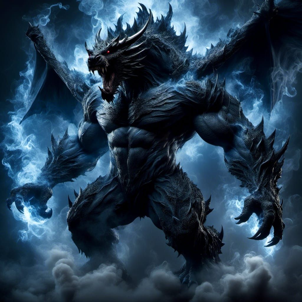 Frosty Demon Dragon Bear Portrait in Dark Smoke