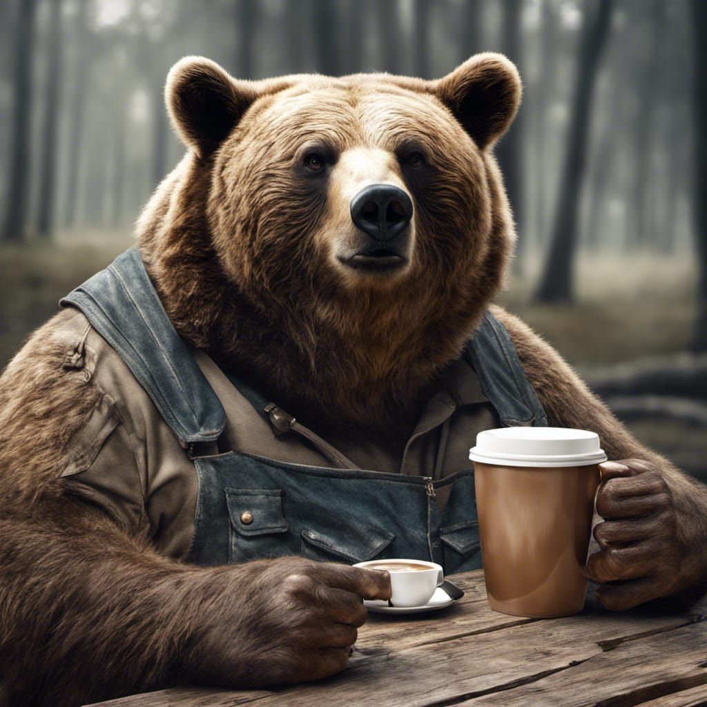 Obese Hillbilly Bear Drinking Coffee: 3D Portrait