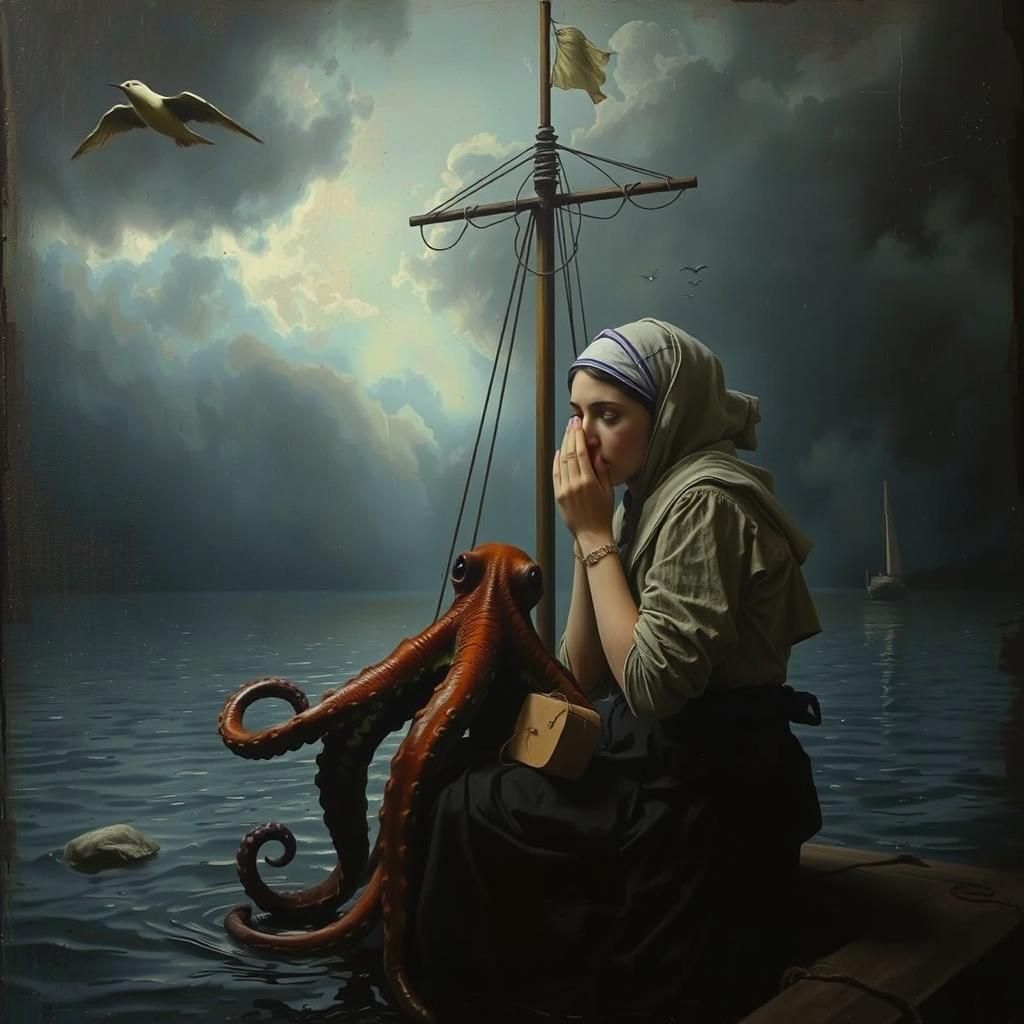 Weeping Sailor in Encaustic Painting with Octopus