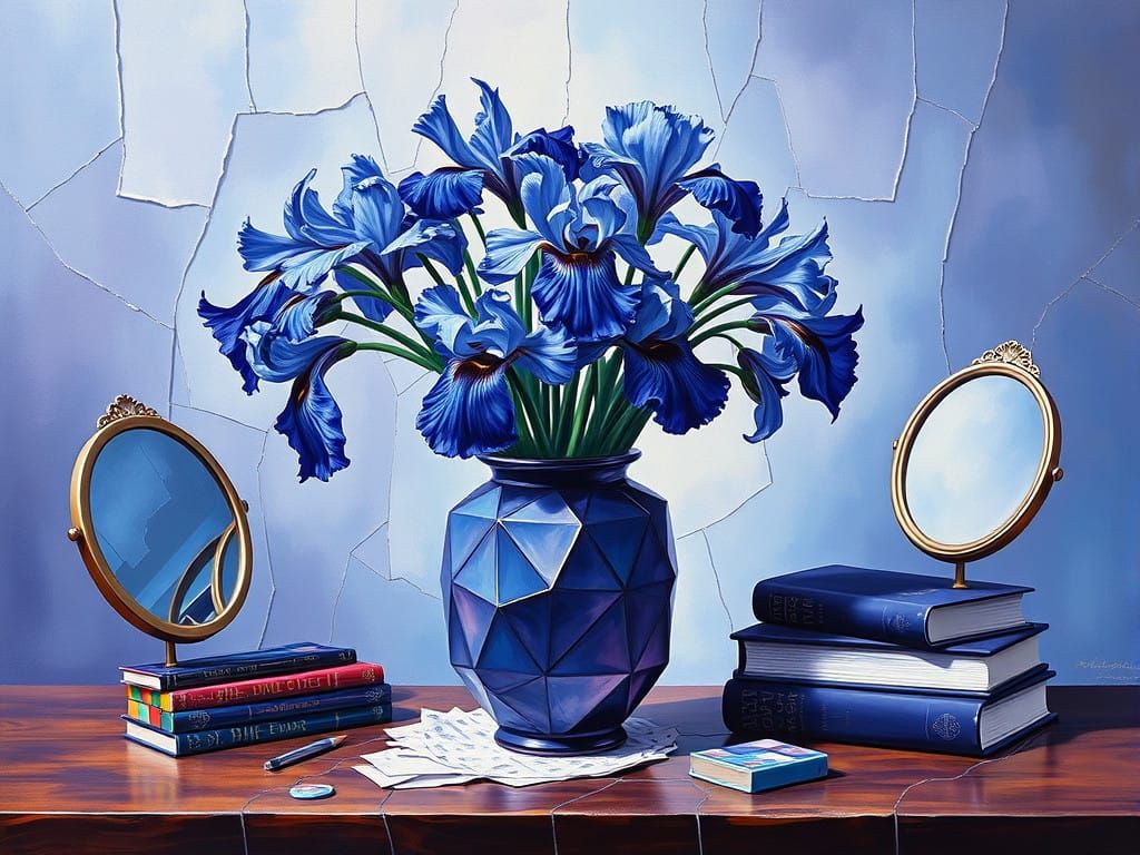 Elegant Blue and Purple Still Life Oil Painting