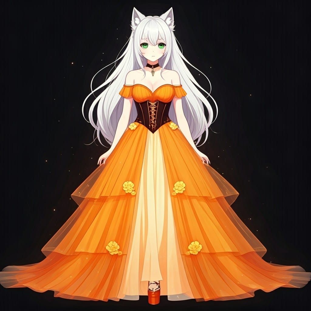 Elegant Wolf Woman in Vibrant Orange Gown