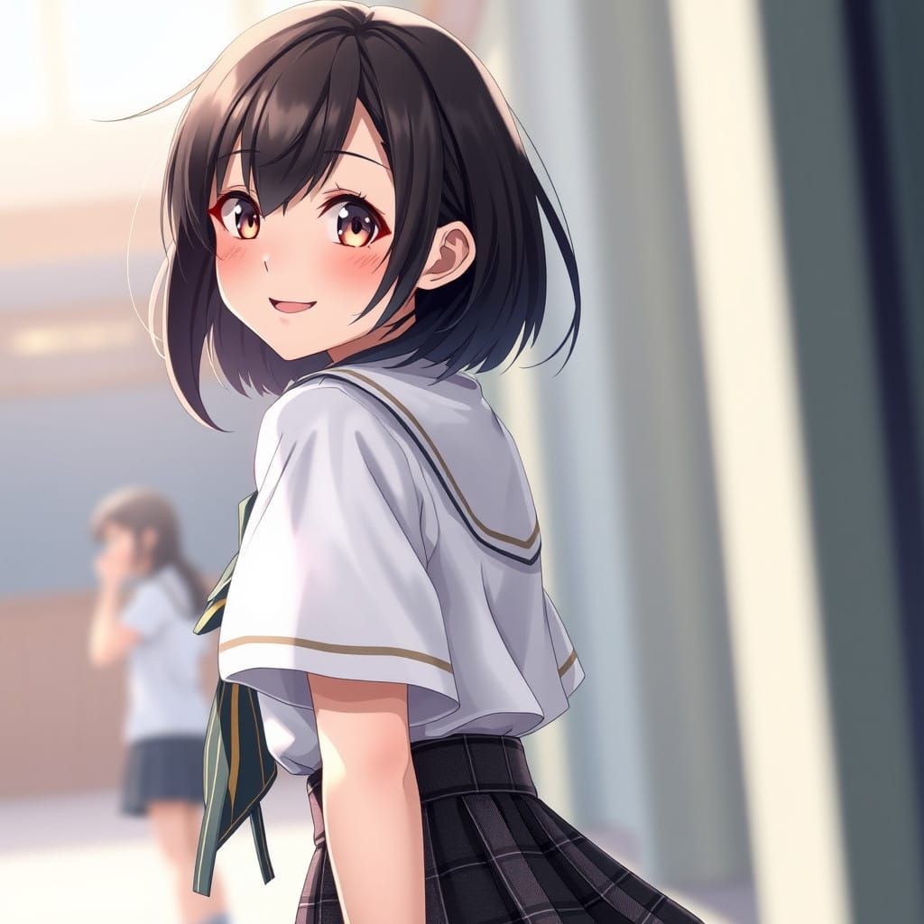 Youthful Girl Turns to Smile with Sparkling Eyes in 3D Anime...