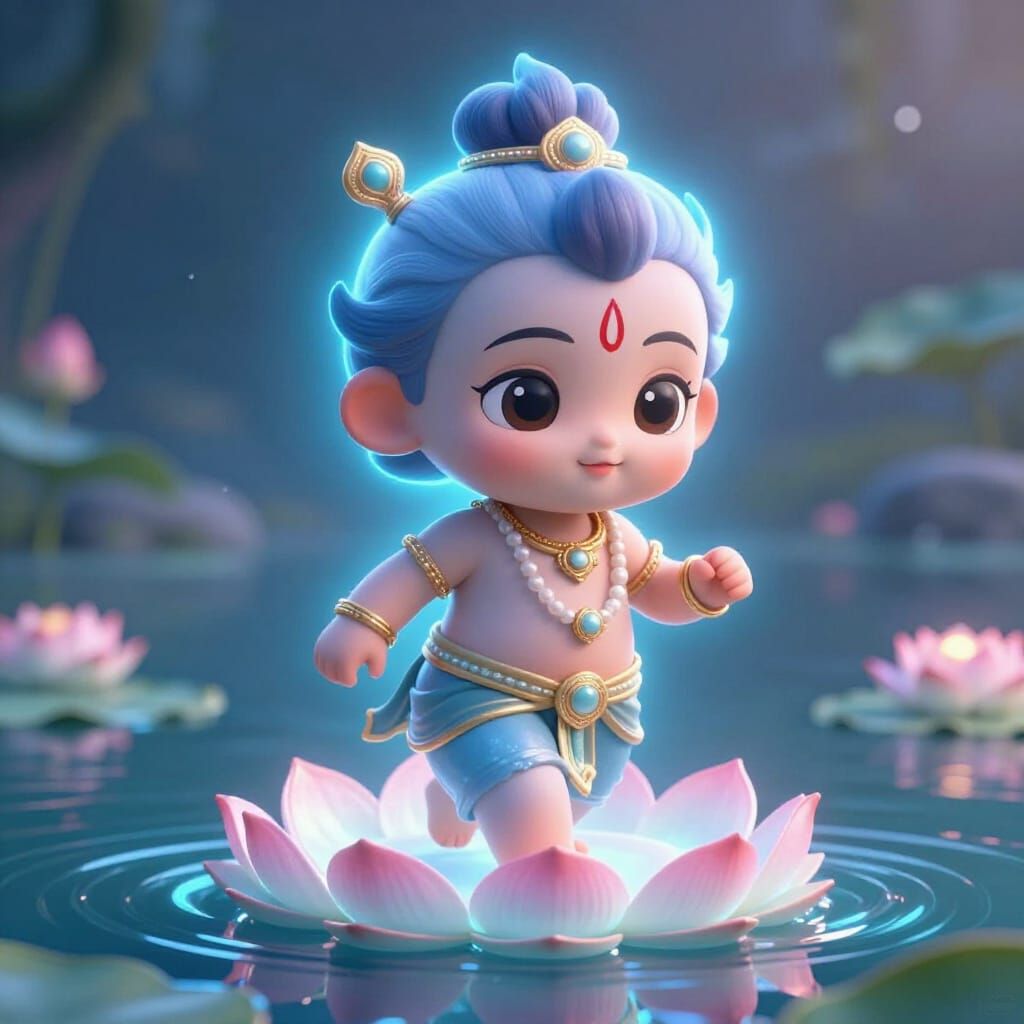 Adorable 3D Baby Ram Walks on Lotus Ripples