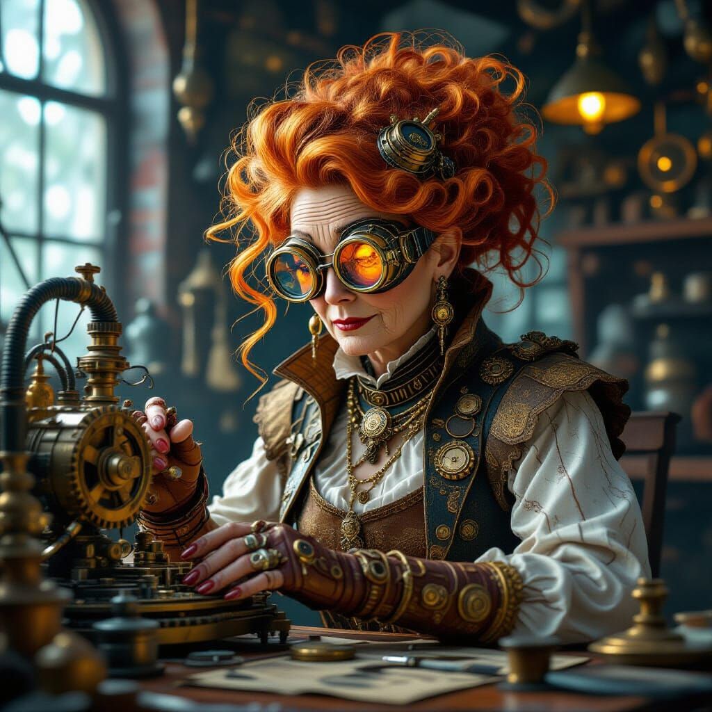 Steampunk Inventor Tinkering with Complex Contraption