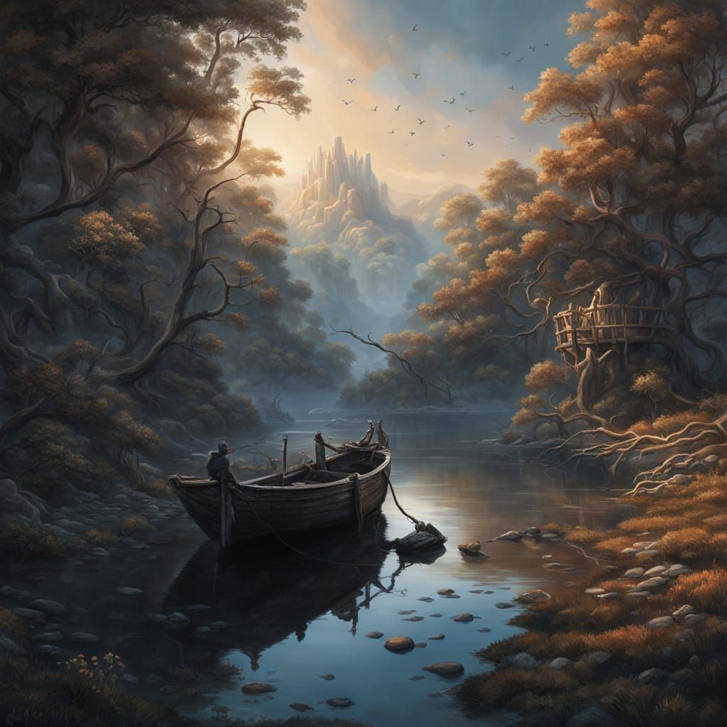 Dreamlike Landscape with Twisted Tree and Weathered Boat