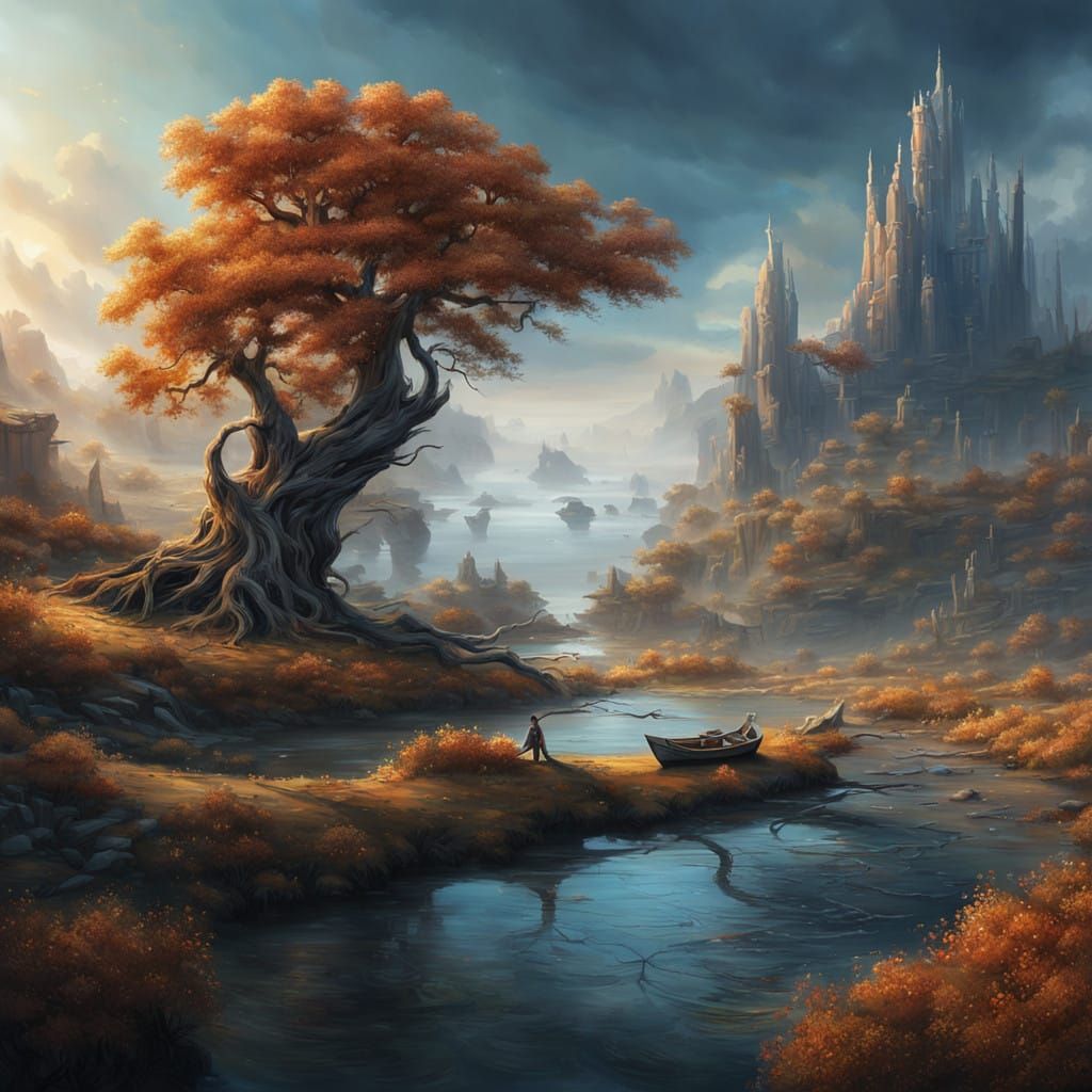 Dreamlike Landscape with a Twisted Tree and Wooden Boat