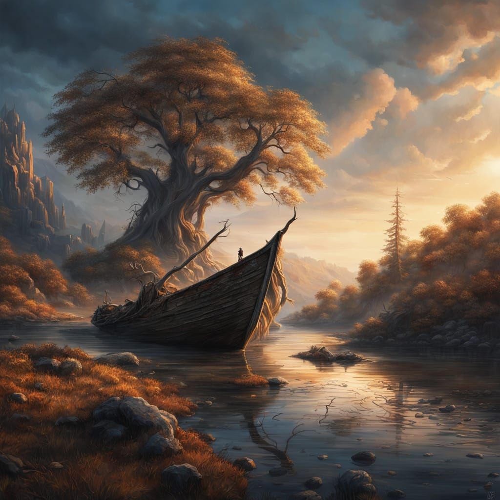 Dreamlike Landscape with Twisted Tree and Weathered Boat