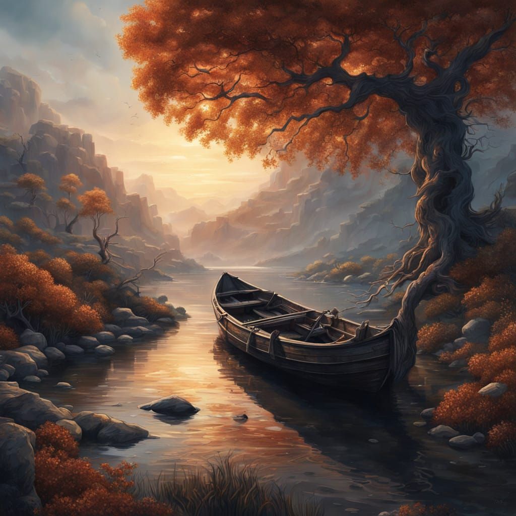 Dreamlike Landscape with Twisted Tree and Weathered Boat
