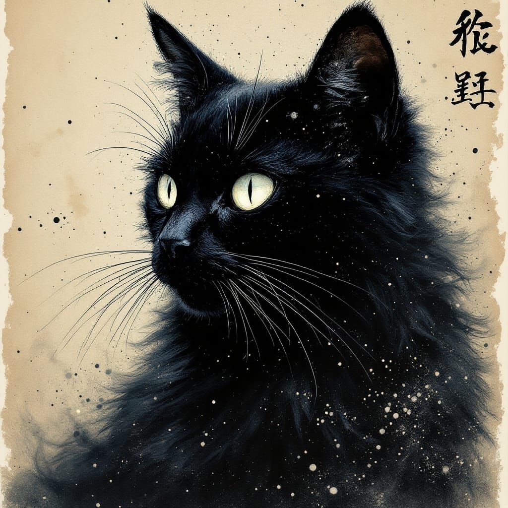 Spectral Black Cat on Aged Paper in Ukiyo-e Brutalism Style