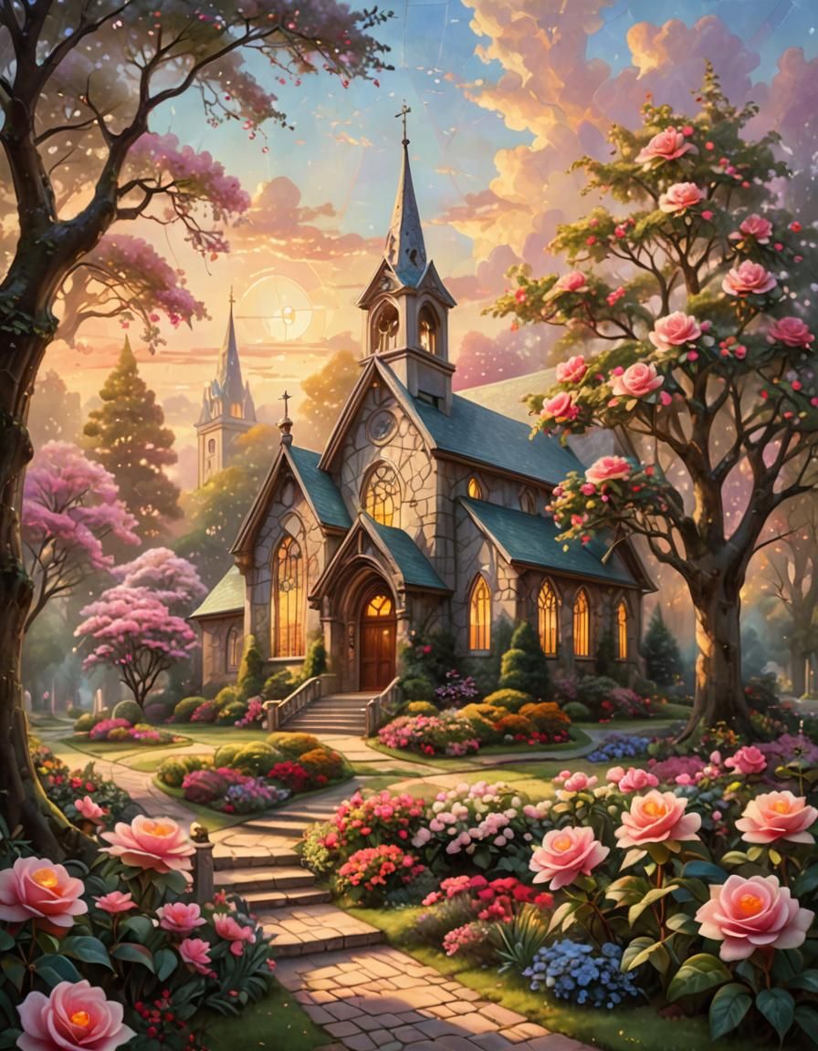 Fantasy Church with Rose, Soft Golden Light