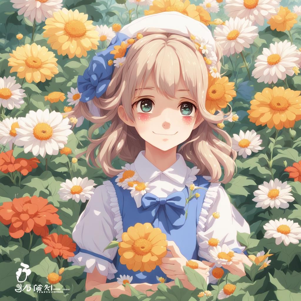 Cute Vintage Girl Surrounded by Flowers in Pastel Art