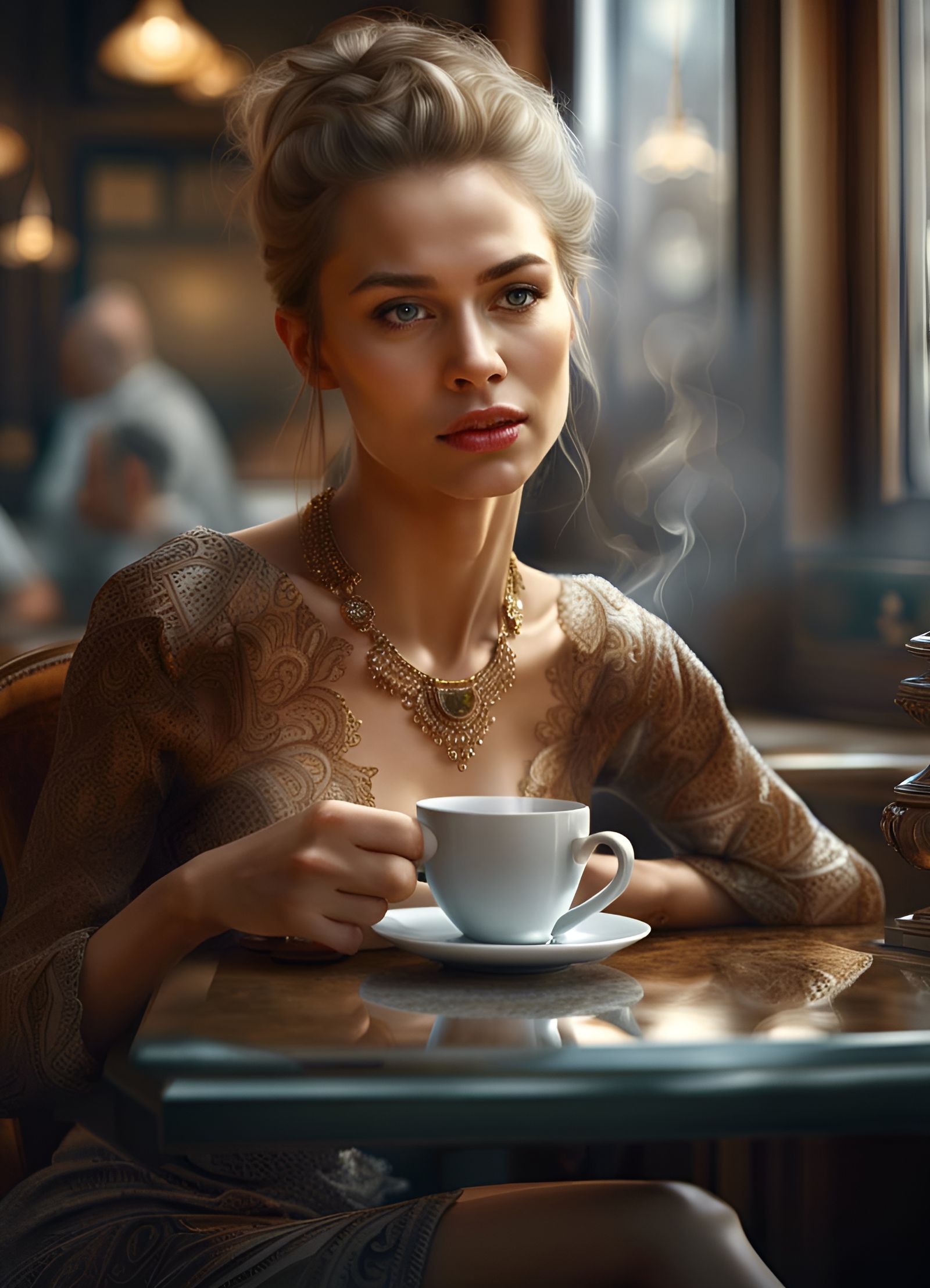 Beautiful Woman in Cafe: Photorealistic Surreal Portrait