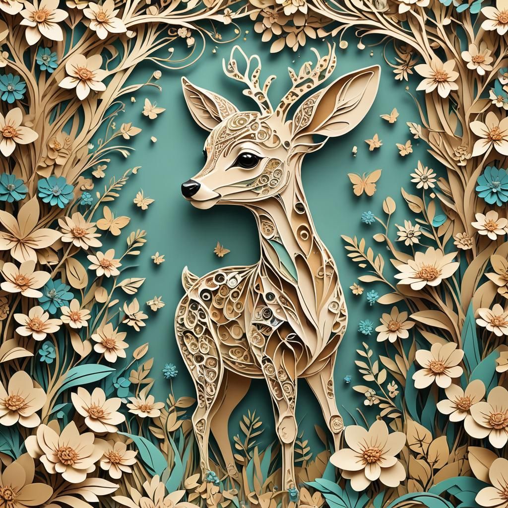Fawn in Flower Field with Abstract Kirigami Elements