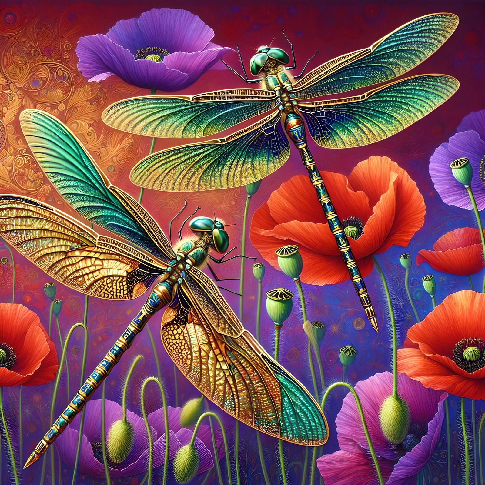 Dragonflies Soaring Above Poppies in Romantic Style
