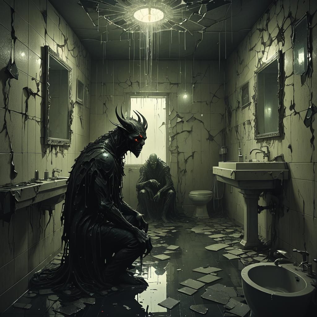 Demon Manifestation in Dimly Lit Bathroom, Dark Fantasy Art